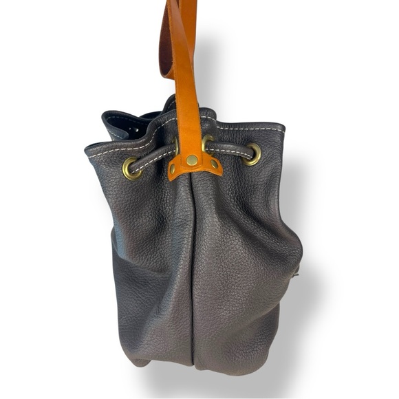 Leather bucket draw string bag, gray and brown, nubuck - Picture 4 of 9
